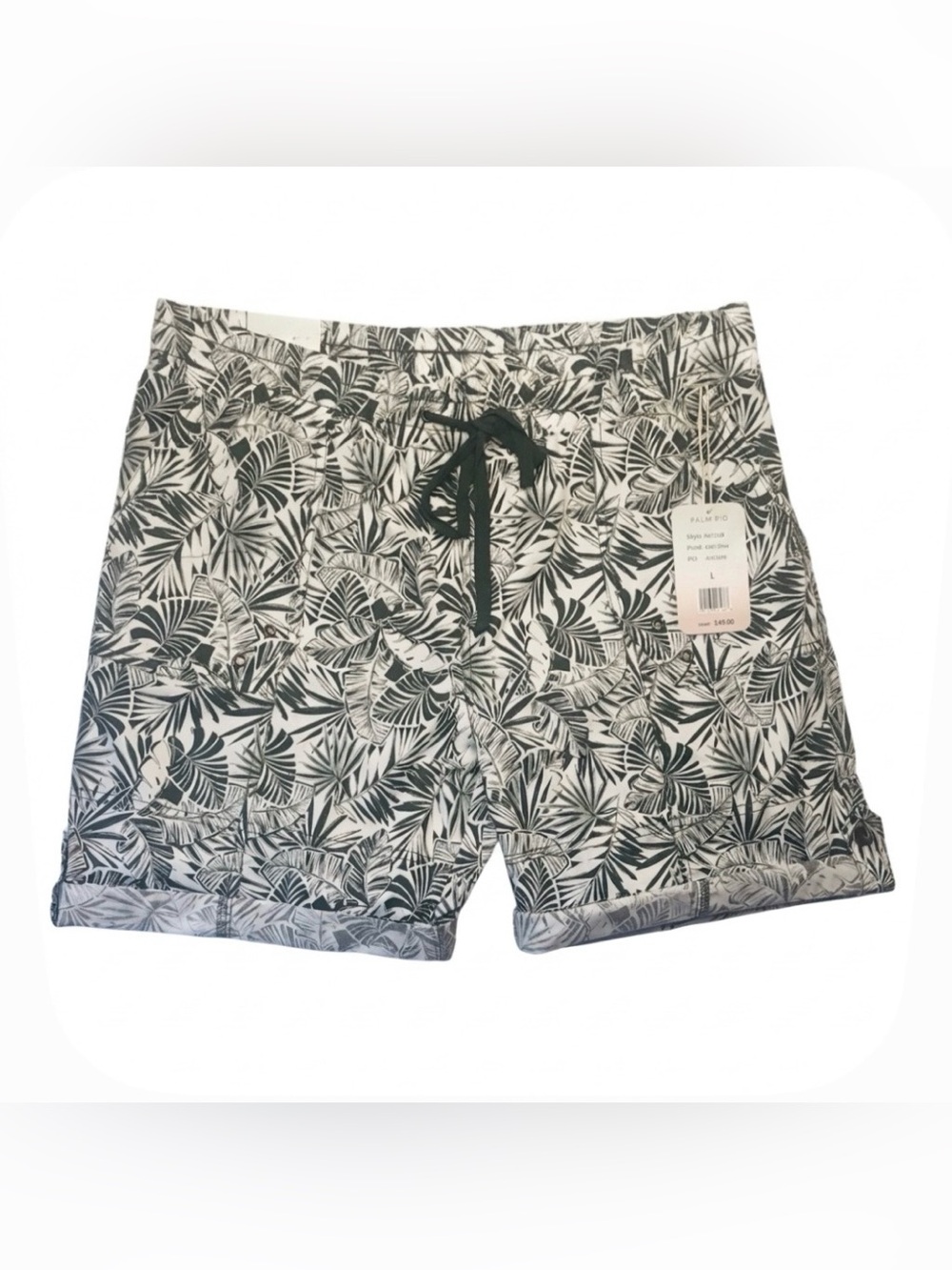 Palm Rio Pull on Tropical Leaf Shorts White Olive Green Women’s Size Large